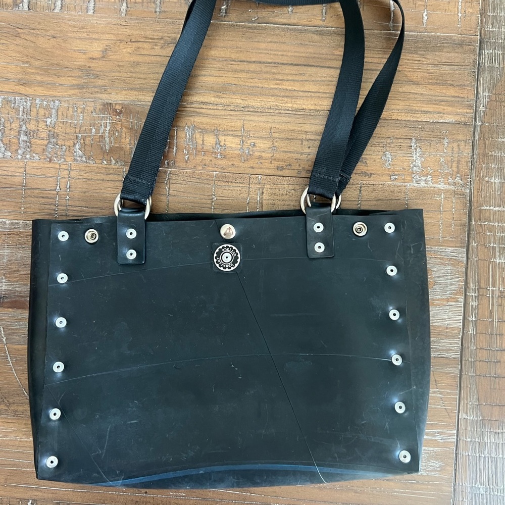 English Retreads Repurposed Black Rubber Bag | Red Playboy Bunny Design on back